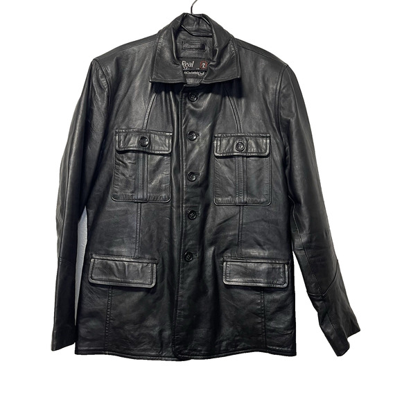 REAL LEATHER Brand Men's Black Blazer Four Pockets Coat Jacket Size L - Picture 1 of 9